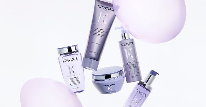 Professional blonde hair products: Bain Lumière Shampoo, Masque Ultra-Violet Hair Mask, Cicaflash Conditioner, Cicagloss Refillable Hair Oil & Blonde Guard Hydrating Leave-In.
