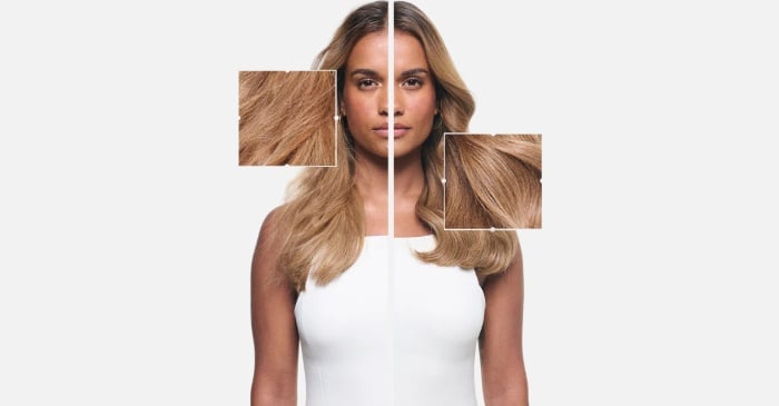 Before and after comparison of professional blonde hair treatment: transformation using Kérastase Blond Absolu.